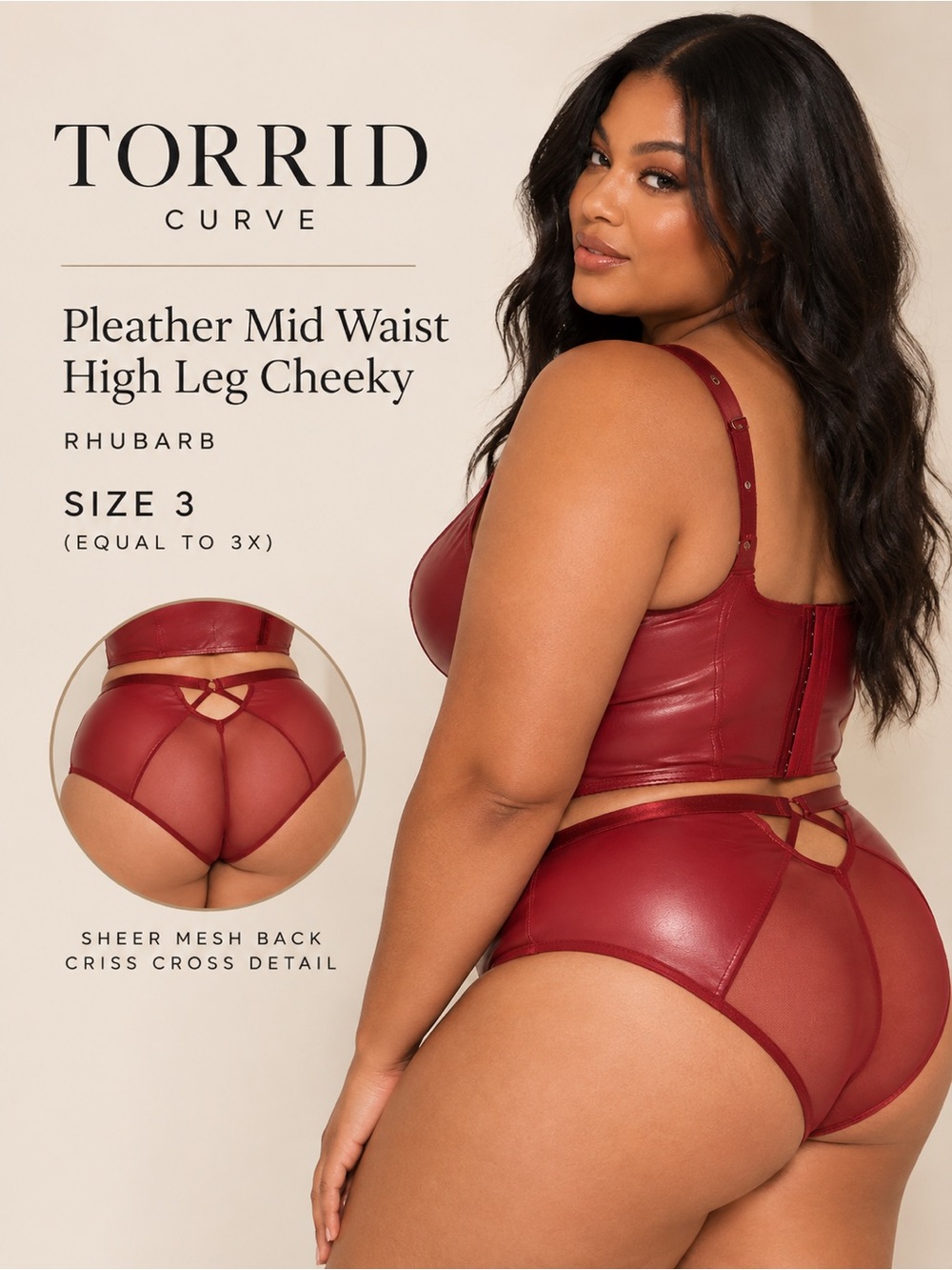 Torrid Curve Pleather Mid Waist High Leg Cheeky Panty Rhubarb Size 3X